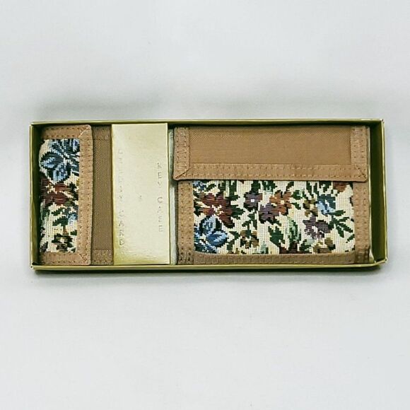 Vintage Nylon Floral Tapestry Wallet Bill Fold Key Case Brown Blue Purple - Picture 2 of 4